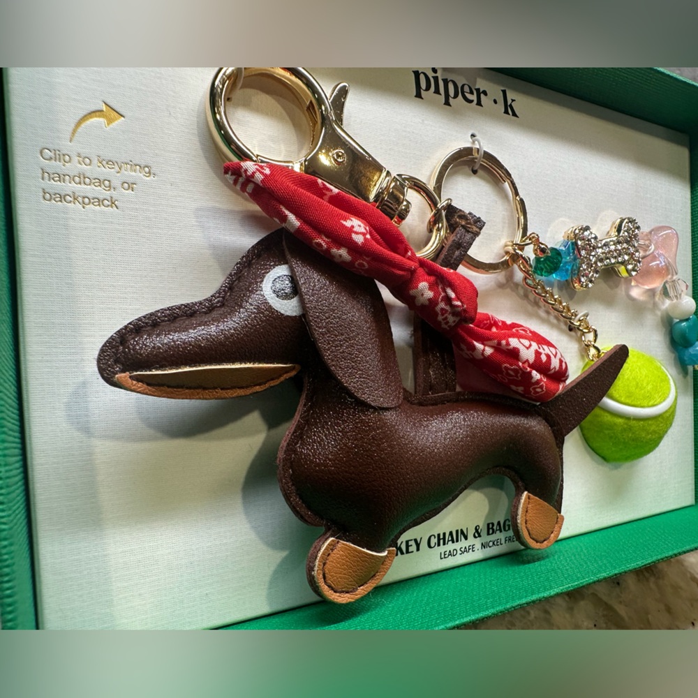 Brown Dachshund Keychain & bag charm with Red Scarf